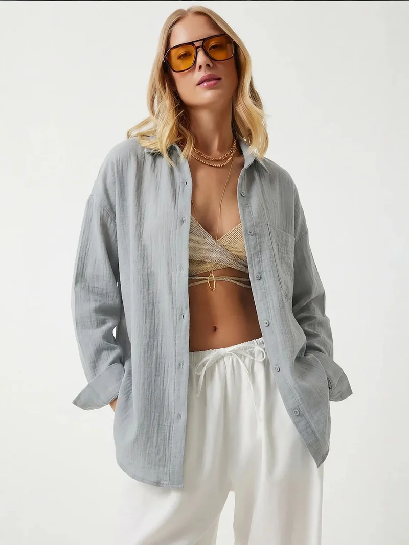 السعادة في إسطنبول ISTANBUL Oversized Textured Cotton Shirt with Pocket