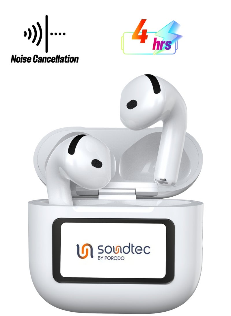 porodo - Soundtec TWS ANC+ENC Earphone with Touch Screen / 4 Hour Play Time / Type-C Charging / 10 Meter Transmission Range / Personalized App Control / High-Fidelity Audio / Touch Display - White - Image 1