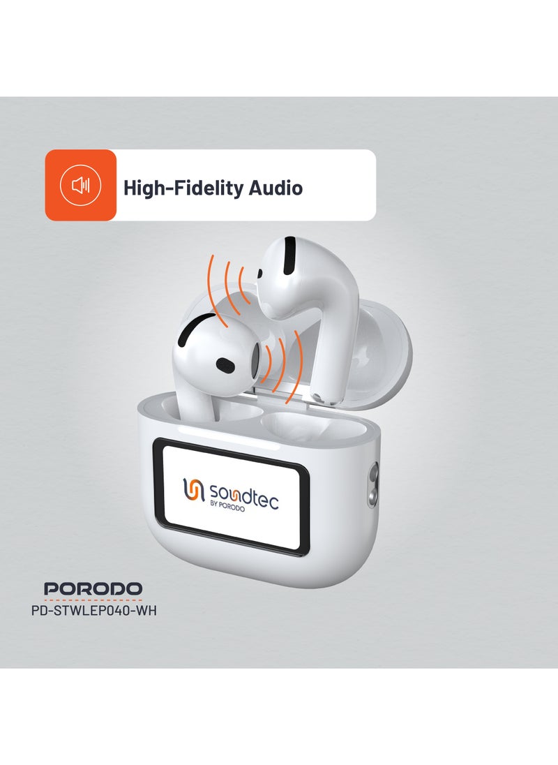 porodo - Soundtec TWS ANC+ENC Earphone with Touch Screen / 4 Hour Play Time / Type-C Charging / 10 Meter Transmission Range / Personalized App Control / High-Fidelity Audio / Touch Display - White - Image 1