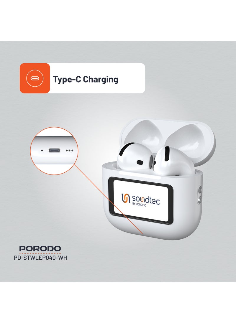 porodo - Soundtec TWS ANC+ENC Earphone with Touch Screen / 4 Hour Play Time / Type-C Charging / 10 Meter Transmission Range / Personalized App Control / High-Fidelity Audio / Touch Display - White - Image 1