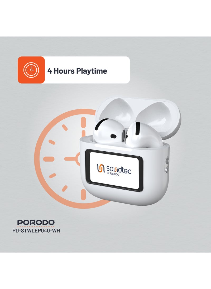 porodo - Soundtec TWS ANC+ENC Earphone with Touch Screen / 4 Hour Play Time / Type-C Charging / 10 Meter Transmission Range / Personalized App Control / High-Fidelity Audio / Touch Display - White - Image 1