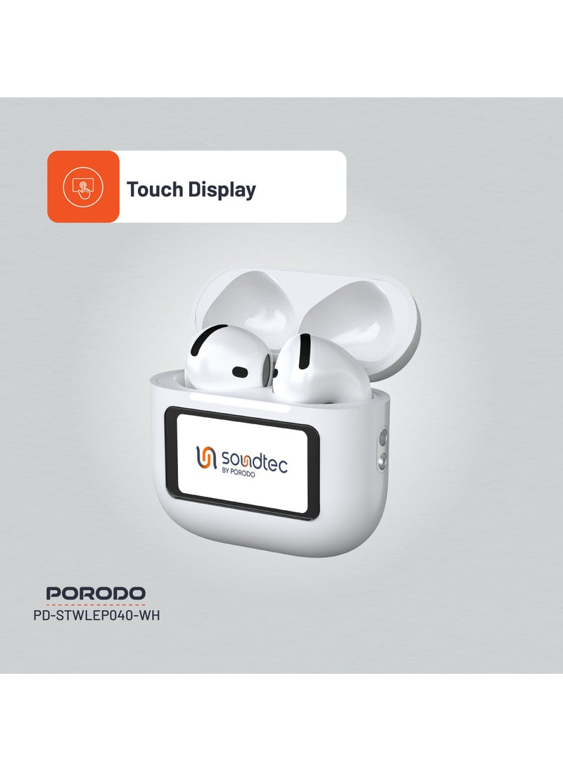 porodo - Soundtec TWS ANC+ENC Earphone with Touch Screen / 4 Hour Play Time / Type-C Charging / 10 Meter Transmission Range / Personalized App Control / High-Fidelity Audio / Touch Display - White - Image 1