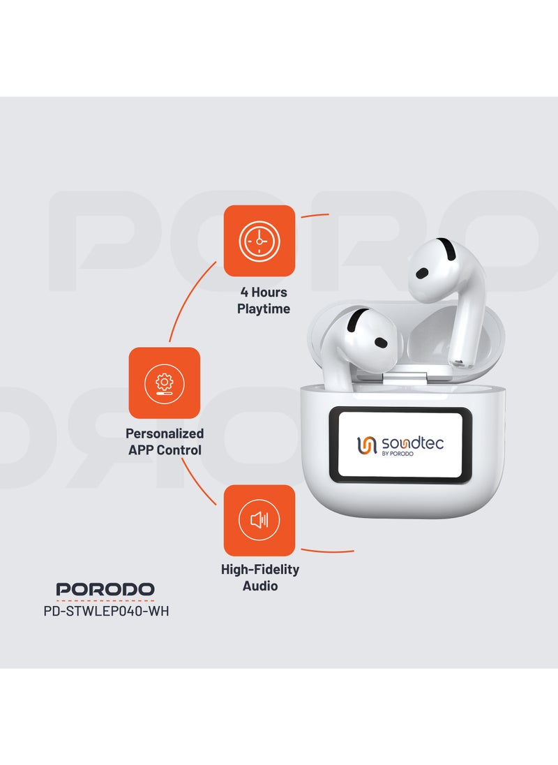 porodo - Soundtec TWS ANC+ENC Earphone with Touch Screen / 4 Hour Play Time / Type-C Charging / 10 Meter Transmission Range / Personalized App Control / High-Fidelity Audio / Touch Display - White - Image 1