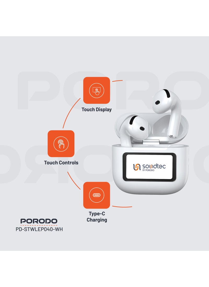 porodo - Soundtec TWS ANC+ENC Earphone with Touch Screen / 4 Hour Play Time / Type-C Charging / 10 Meter Transmission Range / Personalized App Control / High-Fidelity Audio / Touch Display - White - Image 1
