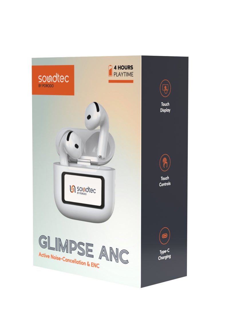porodo - Soundtec TWS ANC+ENC Earphone with Touch Screen / 4 Hour Play Time / Type-C Charging / 10 Meter Transmission Range / Personalized App Control / High-Fidelity Audio / Touch Display - White - Image 1