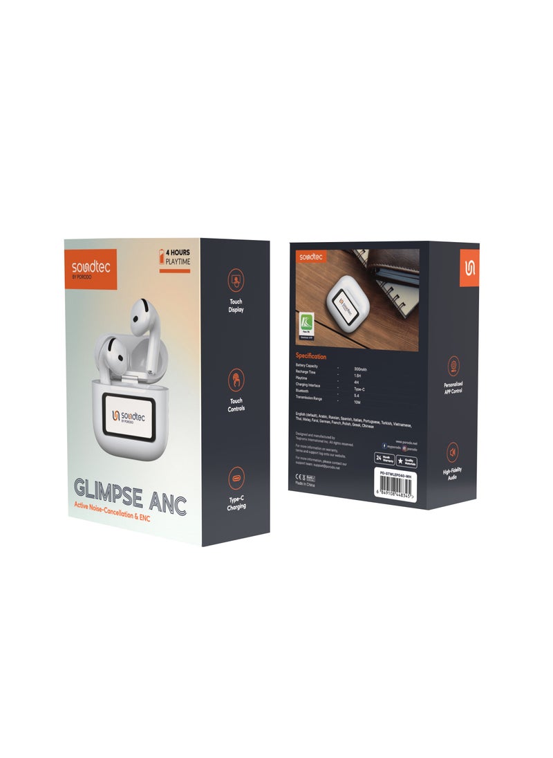 porodo - Soundtec TWS ANC+ENC Earphone with Touch Screen / 4 Hour Play Time / Type-C Charging / 10 Meter Transmission Range / Personalized App Control / High-Fidelity Audio / Touch Display - White - Image 1