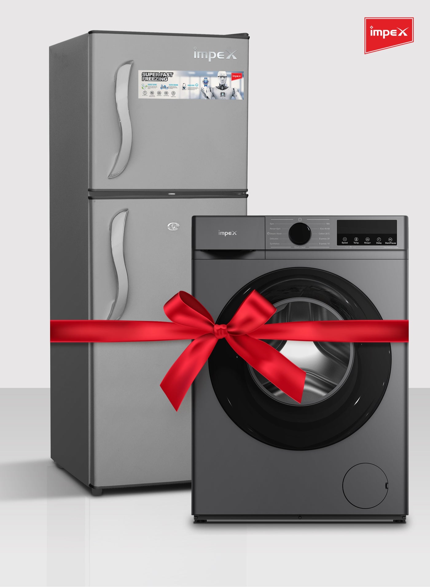 Front Load Washing Machine 7.5kg 1200RPM + Impex 138L Double Door Refrigerator Fridge Bundle | BLDC Inverter Motor Washer Automatic Washing Machine with 11 Programs | Direct Cool Fridge with 42L Freezer | Grey | 2 Year Warranty