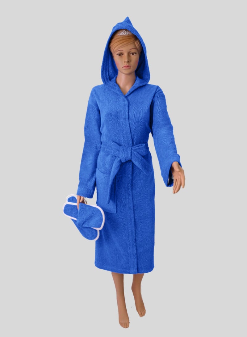 Banotex Luxurious blue Egyptian cotton bathrobe, suitable for both men and women. Comes with a cap, slippers, and a waist belt. Available in one size fits all. - Image 1