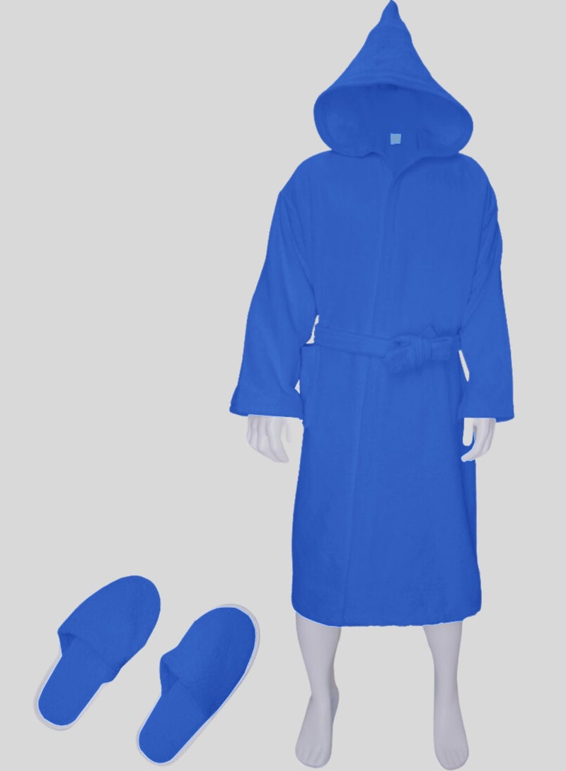 Banotex Luxurious blue Egyptian cotton bathrobe, suitable for both men and women. Comes with a cap, slippers, and a waist belt. Available in one size fits all. - Image 3