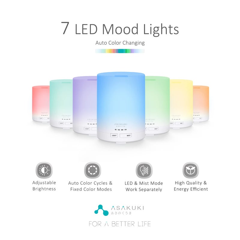 ASAKUKI Essential Oil Diffuser, 5-in-1 Quiet Humidifier, Home Fragrance Aroma Diffuser with 7 LED Color Changing Light and Auto-Off Switch (Pure White) - Image 2