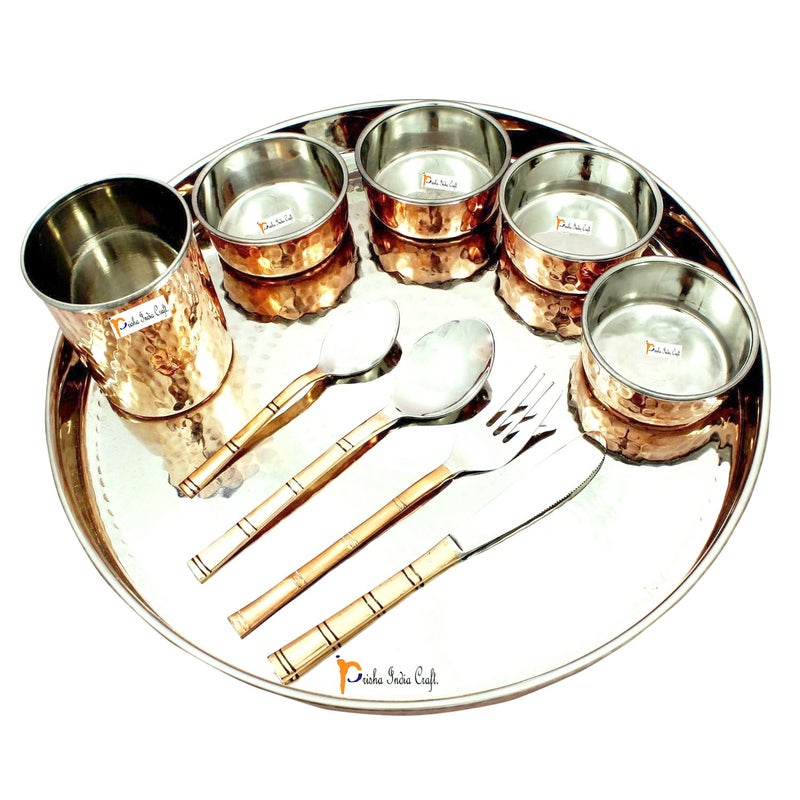 Prisha India Craft Steel Copper Traditional Dinner Set Thali Plate, Bowls, Fork, Glass Spoon and Serving Spoon, | Thali Diameter 13 INCH | Set of 2 - Image 2