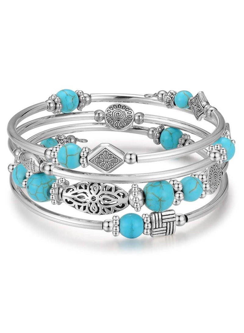 إس سيميفر سوار ملفوف بالخرز الفضي لها، أساور بوهيمية ذات طبقات من الحجر الطبيعي، مجوهرات هدايا للنساء - أزرق - Image 1