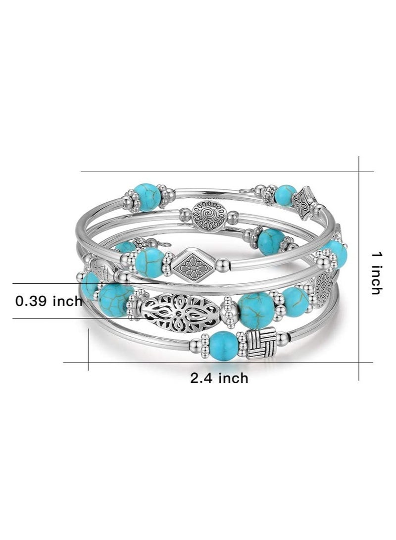 إس سيميفر سوار ملفوف بالخرز الفضي لها، أساور بوهيمية ذات طبقات من الحجر الطبيعي، مجوهرات هدايا للنساء - أزرق - Image 2