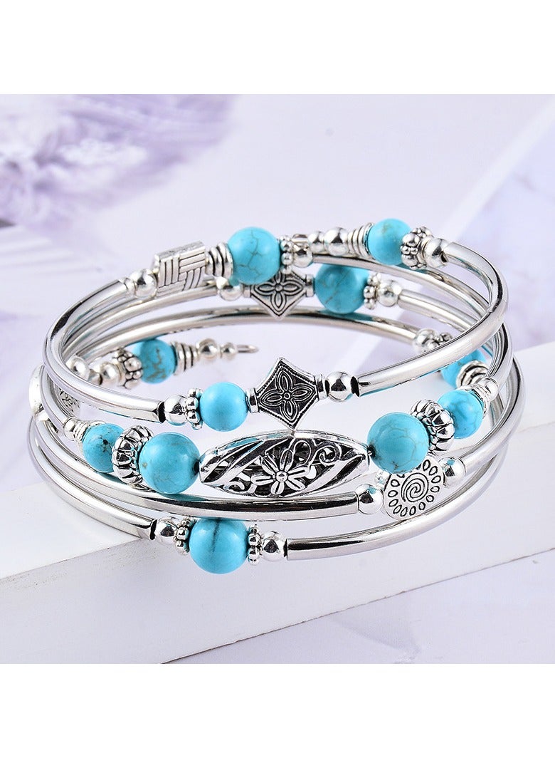 إس سيميفر سوار ملفوف بالخرز الفضي لها، أساور بوهيمية ذات طبقات من الحجر الطبيعي، مجوهرات هدايا للنساء - أزرق - Image 3