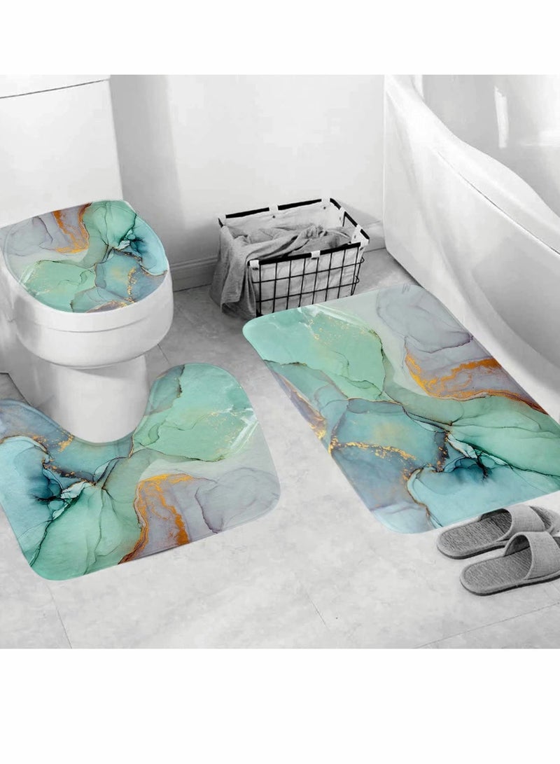 Shower Curtain Sets with Rugs, 4 Pcs Green Jade Abstract Texture Stripes Colorful Ink Paint - Machine Washable Digital Printing Bathroom Decor - Image 2