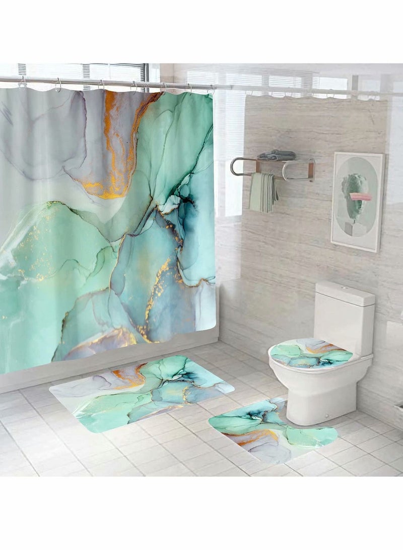 Shower Curtain Sets with Rugs, 4 Pcs Green Jade Abstract Texture Stripes Colorful Ink Paint - Machine Washable Digital Printing Bathroom Decor - Image 1