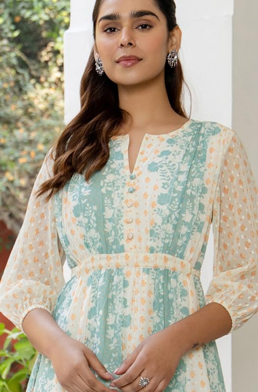 Janasya Women's Off White Dobby Georgette Floral Flared Dress(JAA24DR00222-L) - Image 5