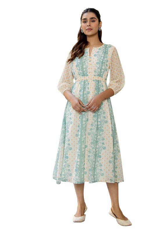 Janasya Women's Off White Dobby Georgette Floral Flared Dress(JAA24DR00222-L) - Image 1