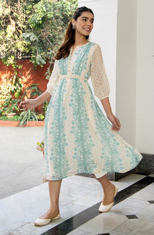 Janasya Women's Off White Dobby Georgette Floral Flared Dress(JAA24DR00222-L) - Image 2