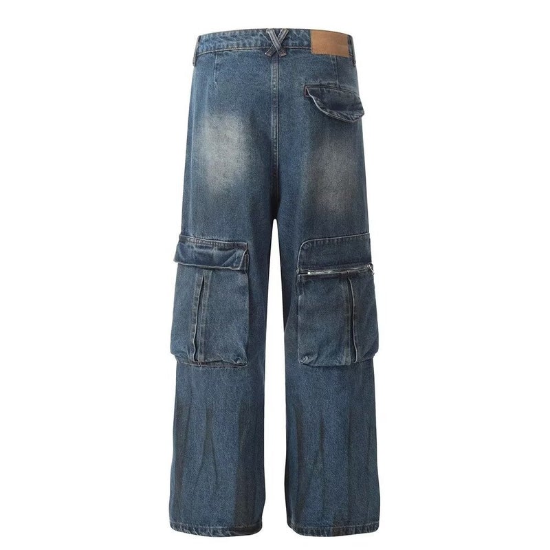 American Style High Street Retro Multi-Pocket Stereo Tooling Jeans Women'S Old Washed Heavy Industry Profile Dirty Dye Long Pants - Image 4