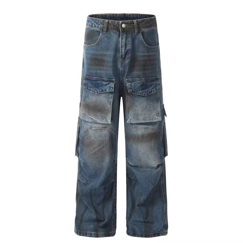 American Style High Street Retro Multi-Pocket Stereo Tooling Jeans Women'S Old Washed Heavy Industry Profile Dirty Dye Long Pants - Image 3