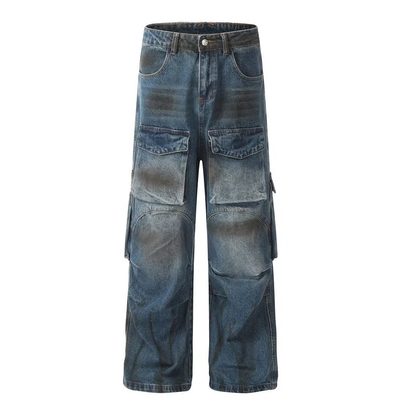 American Style High Street Retro Multi-Pocket Stereo Tooling Jeans Women'S Old Washed Heavy Industry Profile Dirty Dye Long Pants - Image 2