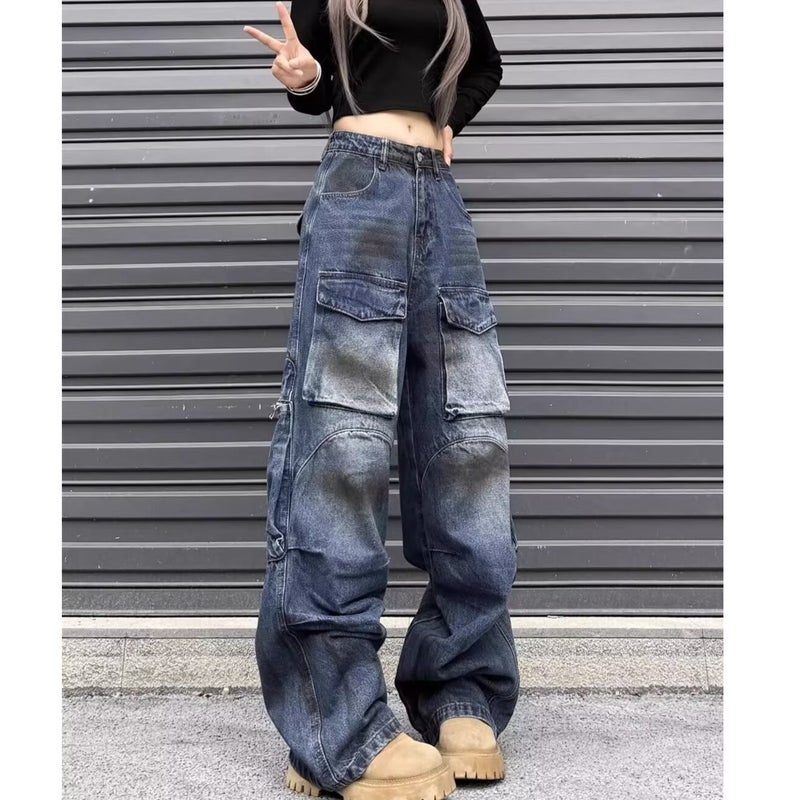 American Style High Street Retro Multi-Pocket Stereo Tooling Jeans Women'S Old Washed Heavy Industry Profile Dirty Dye Long Pants - Image 5