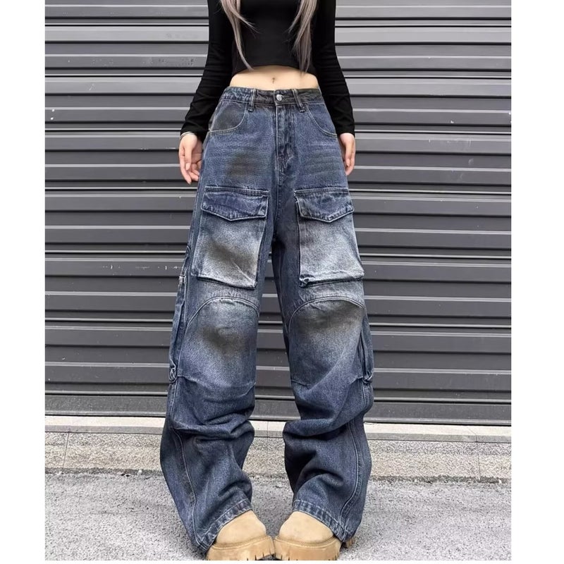 American Style High Street Retro Multi-Pocket Stereo Tooling Jeans Women'S Old Washed Heavy Industry Profile Dirty Dye Long Pants - Image 1