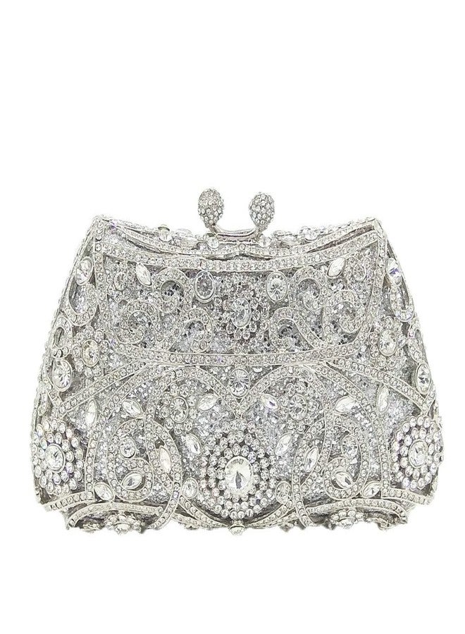 Boutique De FGG حقائب يد صغيرة مرصعة بأحجار الراين على شكل زهور من بوتيك دي إف جي جي، حقائب سهرة نسائية، حقائب حفلات، حقائب يد مزينة بالكريستال على شكل زهور، حقائب زفاف، حقائب يد فضية - Image 1