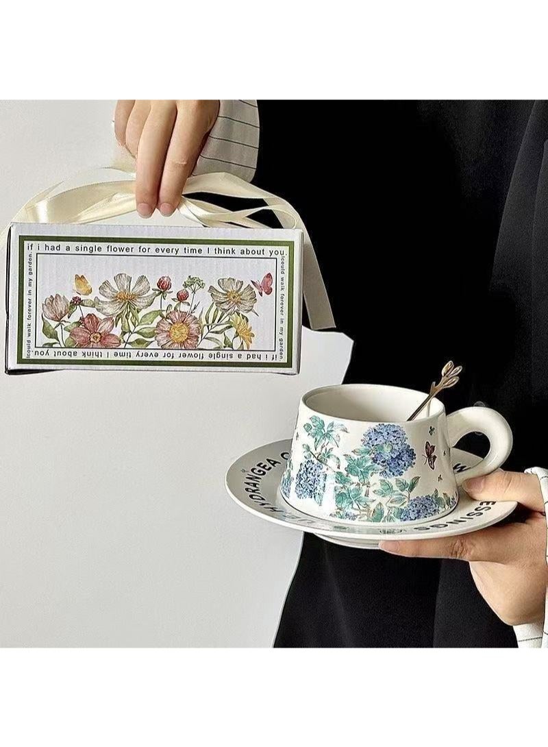 Aikanbo Ceramic Coffee Cup and Saucer Gift Box Set，Vintage Floral Design，Perfect for Espresso，Tea or Coffee Lovers， Gift Boxed for Home，Office or Special Occasion (Hydrangea) - Image 1
