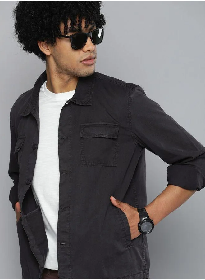 The Indian Garage Co Men Slim Fit Solid Full Sleeves Cutaway Collar Casual Over Shirt