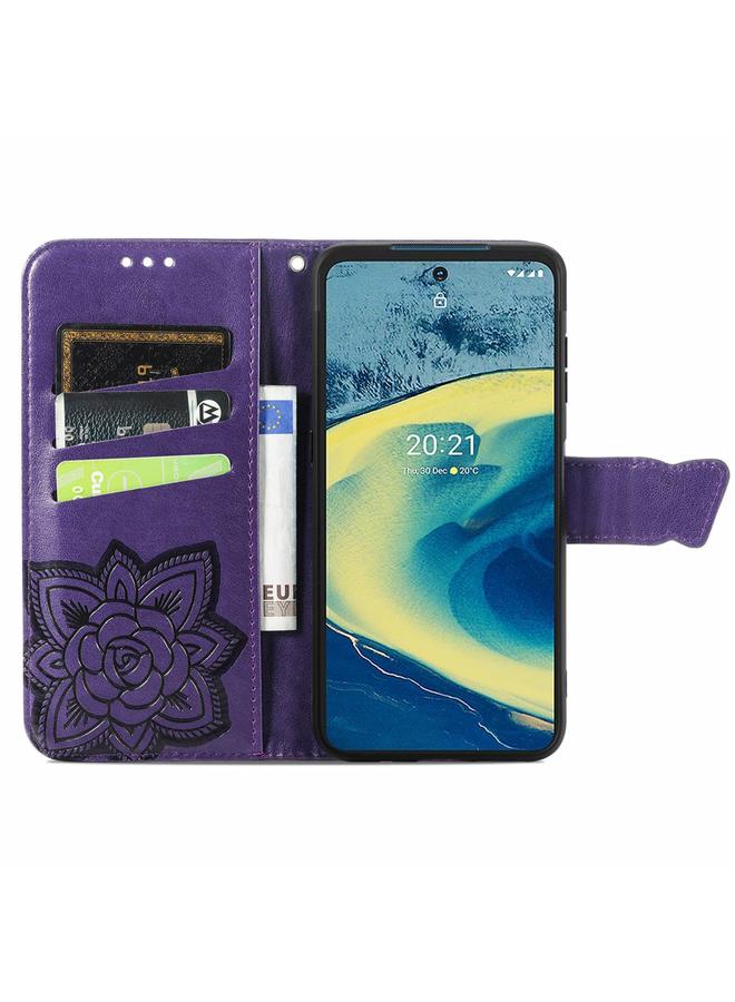 اس-توب جراب جلدي أفقي قابل للطي منقوش عليه زهور حب الفراشات مع حامل وفتحات للبطاقات ومحفظة وحبل لهاتف Nokia XR20 - Image 3