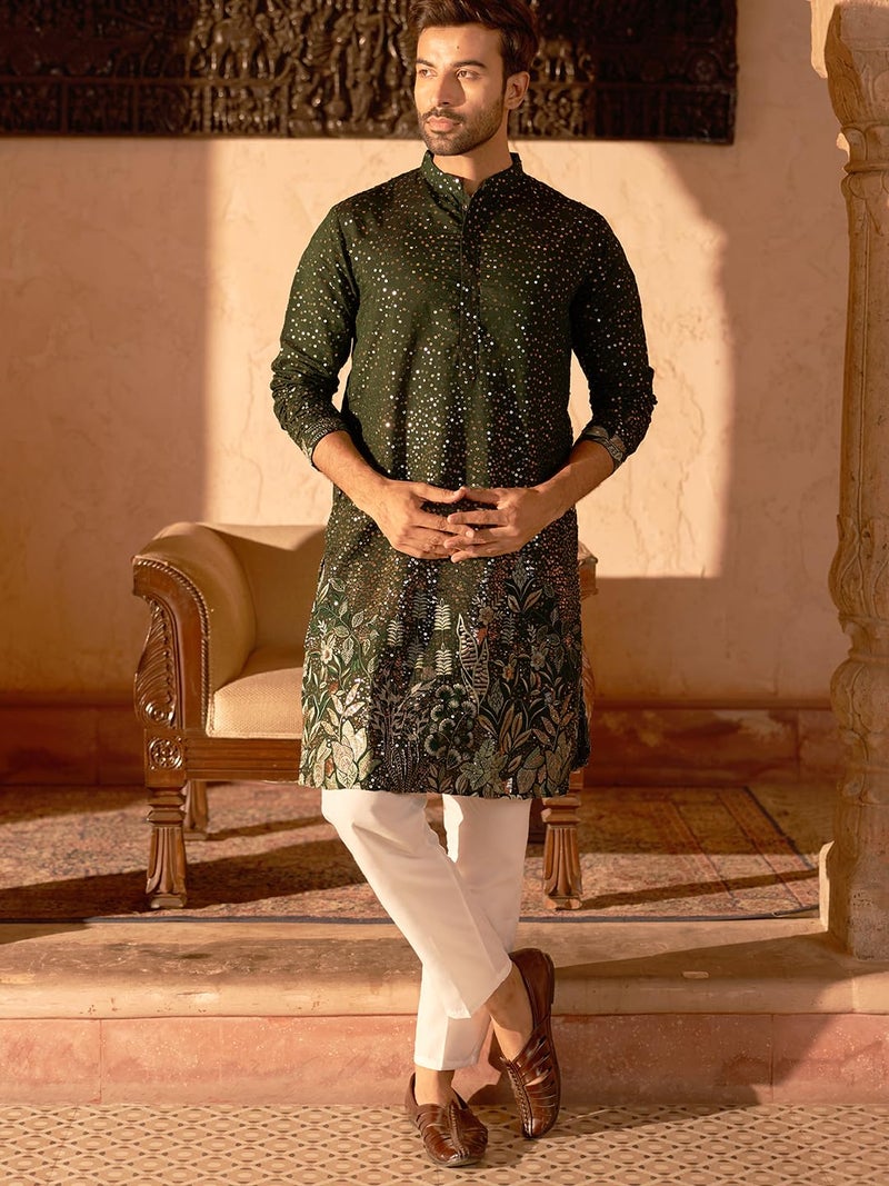 Jompers Embroidered and Sequins Silk Blend Kurta Pyjama Set for Men - Image 4