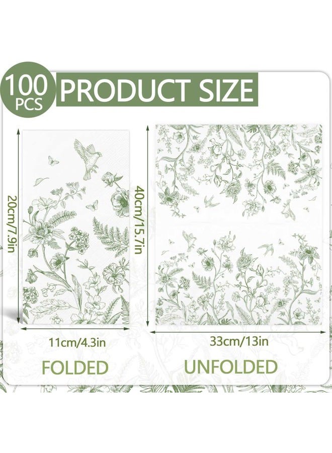 IANFEPH 100PCS Green Floral Napkins Disposable Hand Towels for Bathroom 3 Ply Greenery Paper Napkins Vintage Bird Flower Guest Napkins Chinoiserie Napkins for Wedding Bridal Shower Cocktail Party - Image 2