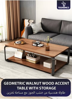 Toshionics 2-Tier Geometric Raw Wood Accent Coffee Center Table Multifunctional Modern Luxurious Stylish Minimalist Nordic Wooden Top Table for Home Living Room Office Hotel Lobby Lounge Reception Areas 100x48x50cm  - Image 1
