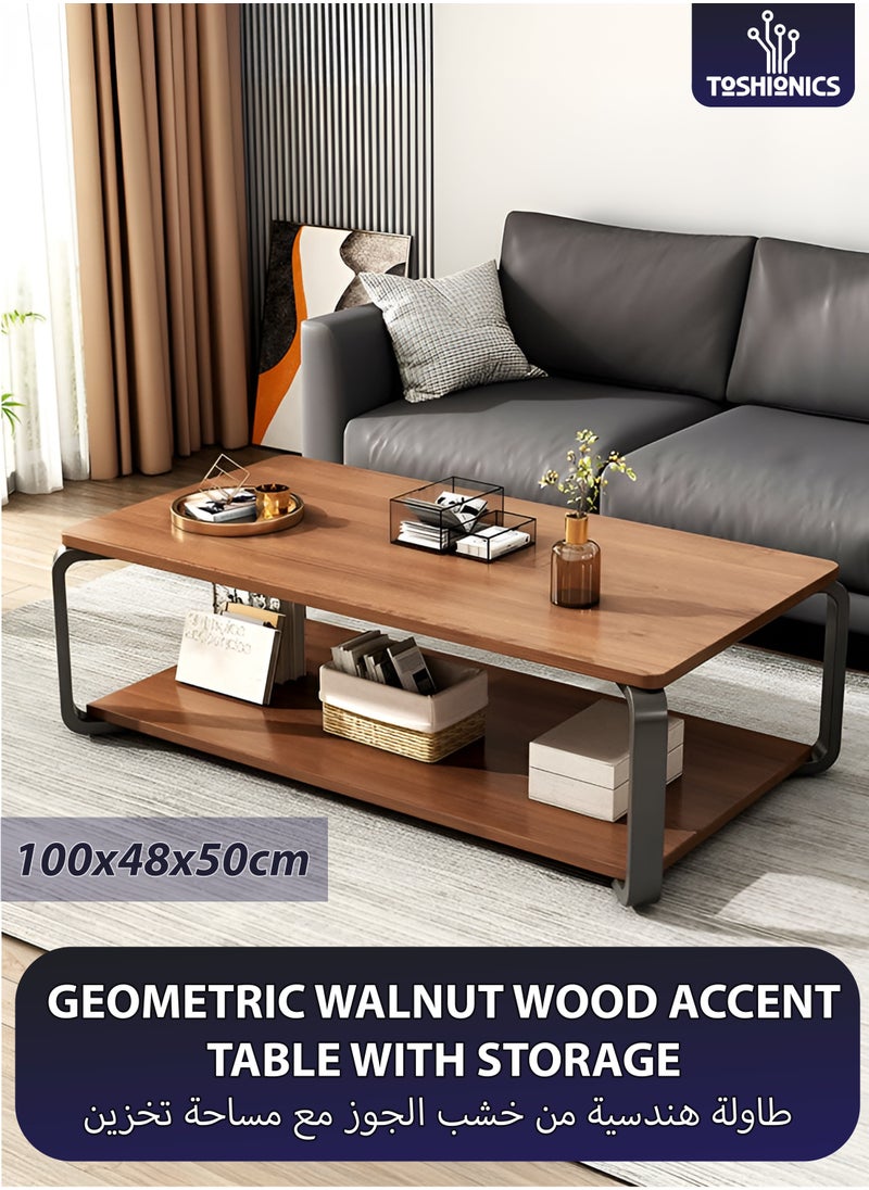 Toshionics 2 Tier Wood Finish Rectangular Coffee Table Modern Accent Centre Sofa Table with Black Steel Frame Ideal for Living Room Office Hotel Lobby Lounges and Reception Set Up Indoor Outdoor Decorative Patio Furniture Tea Table with Bottom Storage Shelf, 100x50x43cm  - Image 1