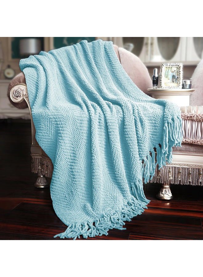 Home Soft Things Blue Throw Blanket Knitted Tweed Throw 50'' x 60'', Aquamarine, Super Soft Cozy Warm Comfortable Breathable Throw for Living Room Chair Couch Bed Sofa Bedroom Home Décor - Image 2