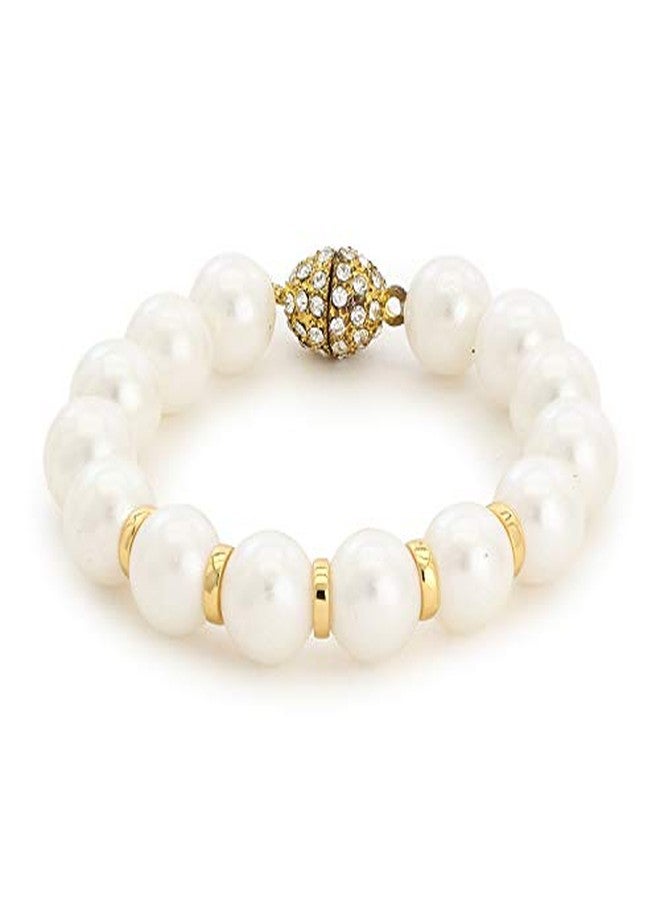 Estele 24 Kt Gold Plated Pearl Line Studded Bead Stretch Bracelet For Valentines Day Gift - Image 3