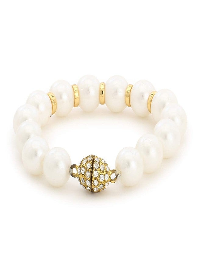 Estele 24 Kt Gold Plated Pearl Line Studded Bead Stretch Bracelet For Valentines Day Gift - Image 2