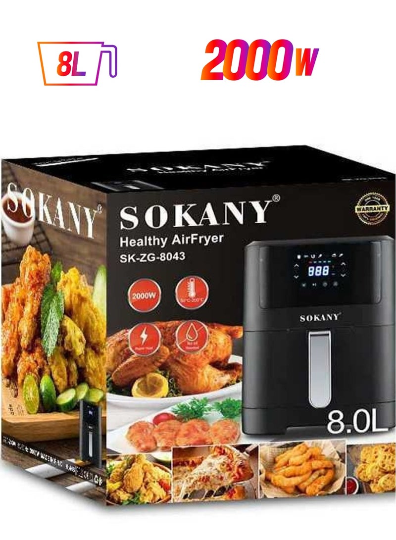 sokany Electric Air Fryer, 8L Capacity, 2000W, Touch Screen, Non-Stick Coating, Hot Air Circulation, Knob Control Temperature 80-200 Degree Celsius For Frying, Grilling, Broiling, Roasting 