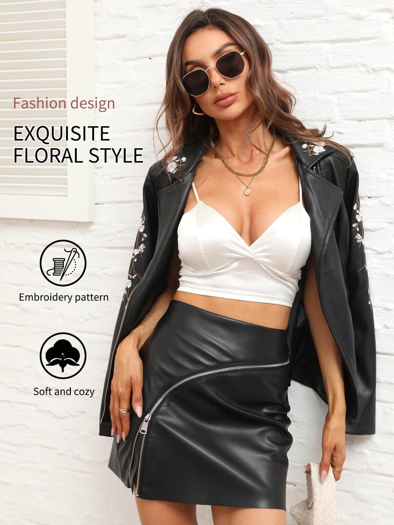 Bellivera Faux Leather Jackets for Womens Spring Fall Clothes Winter Soft Casual Short Floral Motorcycle Biker Coat 1702021 Black M - Image 2