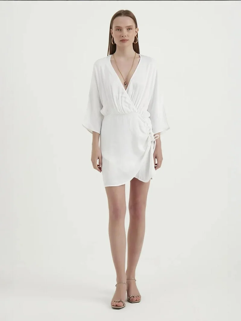 HICCUP V Neck Long Sleeves Wrap Mini Dress with Side Detail