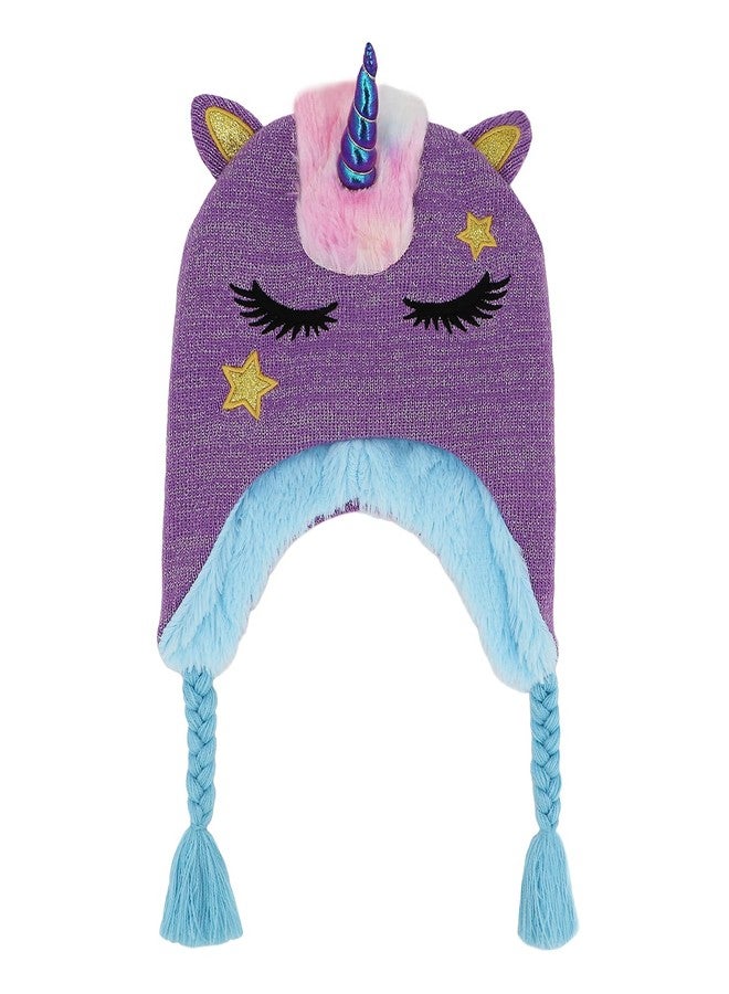 طقم قبعة وقفازات شتوية للبنات من نيو فانسي كيدز، بتصميم يونيكورن لامع لطيف، قبعة محبوكة بغطاء للأذنين وقفازات قابلة للطي، لون بنفسجي، مقاس واحد - Image 3