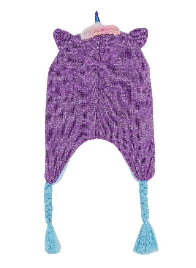 طقم قبعة وقفازات شتوية للبنات من نيو فانسي كيدز، بتصميم يونيكورن لامع لطيف، قبعة محبوكة بغطاء للأذنين وقفازات قابلة للطي، لون بنفسجي، مقاس واحد - Image 4