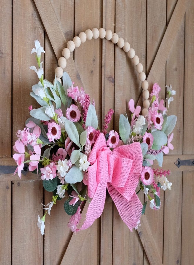 TEMPUS 16" Spring Wooden Beaded Door Wreath Pink Daisy, Burlap Bow Wreath, Valentine's Day, Wedding Indoor and Outdoor Decor Farmhouse Door Decorations - Image 5
