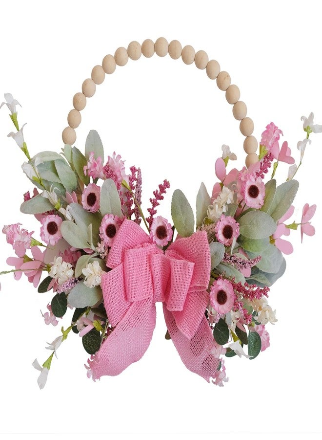 TEMPUS 16" Spring Wooden Beaded Door Wreath Pink Daisy, Burlap Bow Wreath, Valentine's Day, Wedding Indoor and Outdoor Decor Farmhouse Door Decorations - Image 1