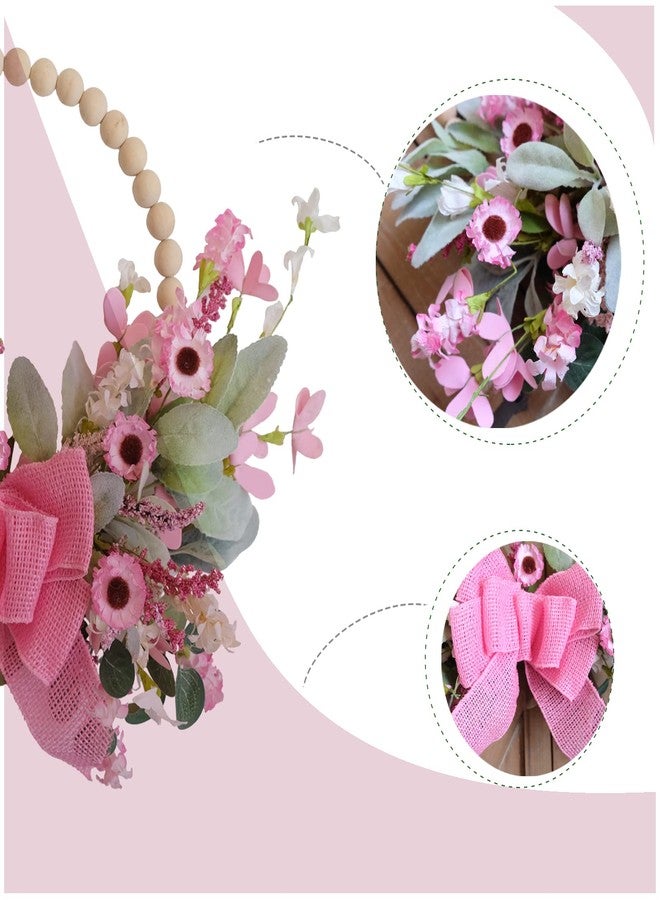 TEMPUS 16" Spring Wooden Beaded Door Wreath Pink Daisy, Burlap Bow Wreath, Valentine's Day, Wedding Indoor and Outdoor Decor Farmhouse Door Decorations - Image 3