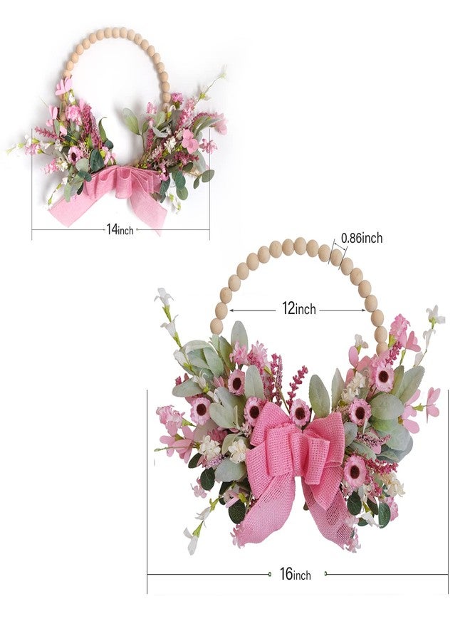 TEMPUS 16" Spring Wooden Beaded Door Wreath Pink Daisy, Burlap Bow Wreath, Valentine's Day, Wedding Indoor and Outdoor Decor Farmhouse Door Decorations - Image 2