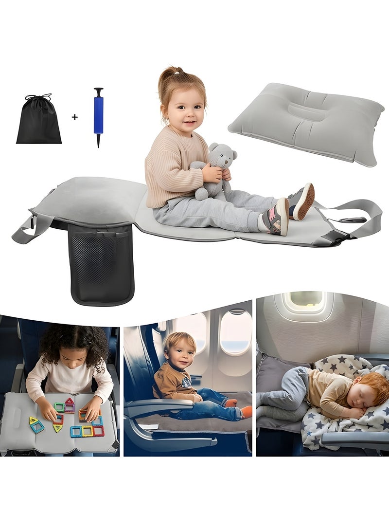 Beauenty Toddler Airplane Travel Bed, Airplane Seat Extender For Kids With Inflatable Pillow, Baby Portable Plane Bed Foot Leg Rest For Flight, Kids Airplane Travel Essentials (Grey) - Image 1
