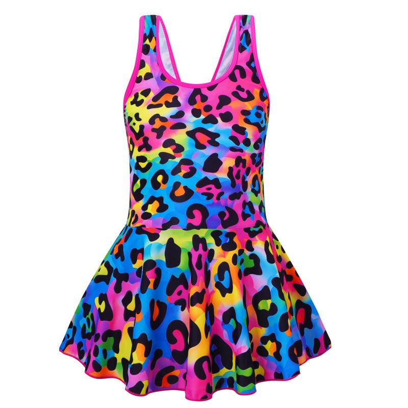 Akokvlar Girl One Piece Swimsuit with Skirt Bathing Suit Swimwear 3-16Y (6-7 Years, Rainbow Leopard) - Image 1